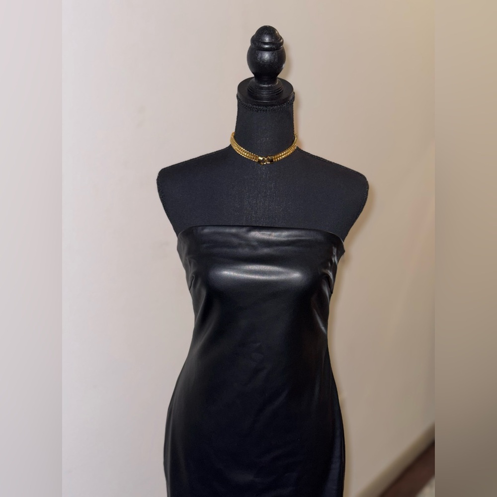 Zara Black Strapless Dress Faux Leather NWOT